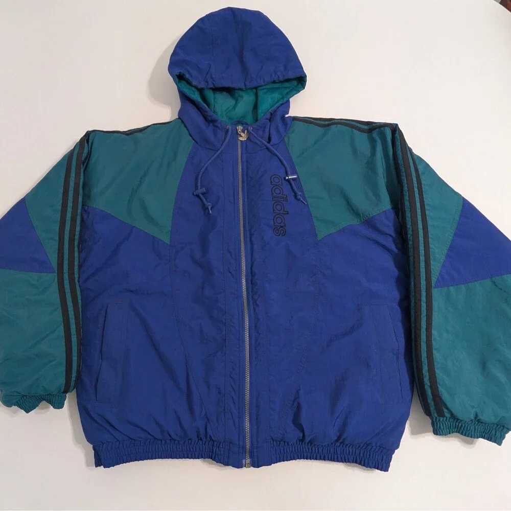 Vintage 80s Adidas Color Block Trefoil Nylon Puffer Jacket LARGE BACK EMBROIDERY